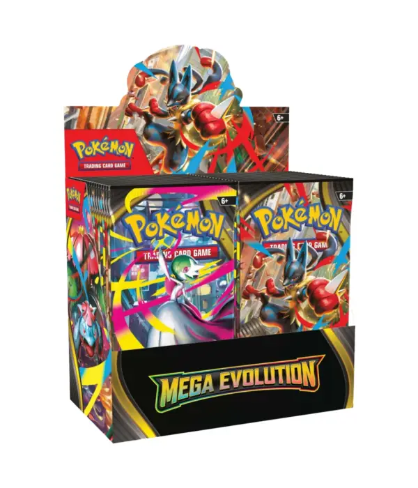 Pokemon TCG Mega Evolution English booster box packaging featuring Mega Evolution Pokemon artwork
