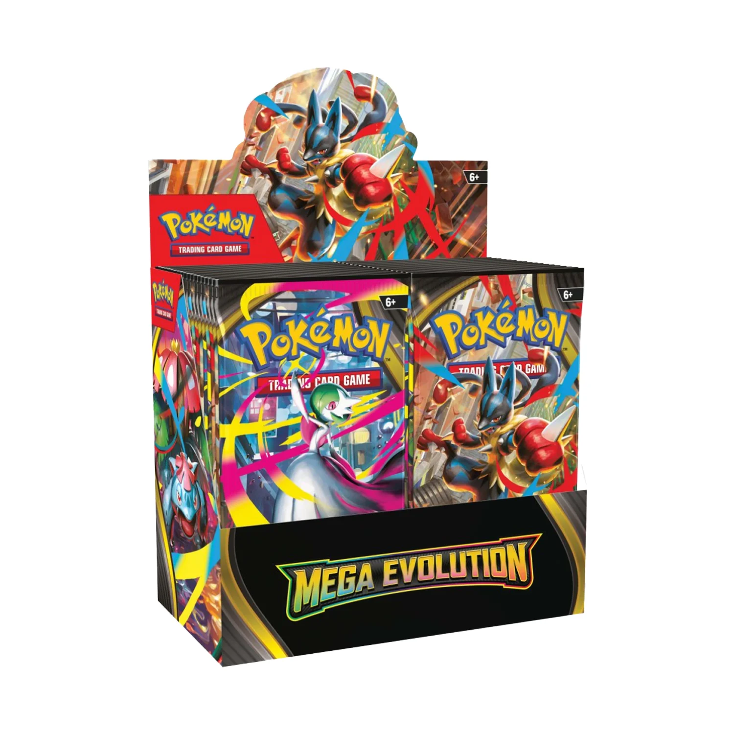 Pokemon TCG Mega Evolution English booster box packaging featuring Mega Evolution Pokemon artwork
