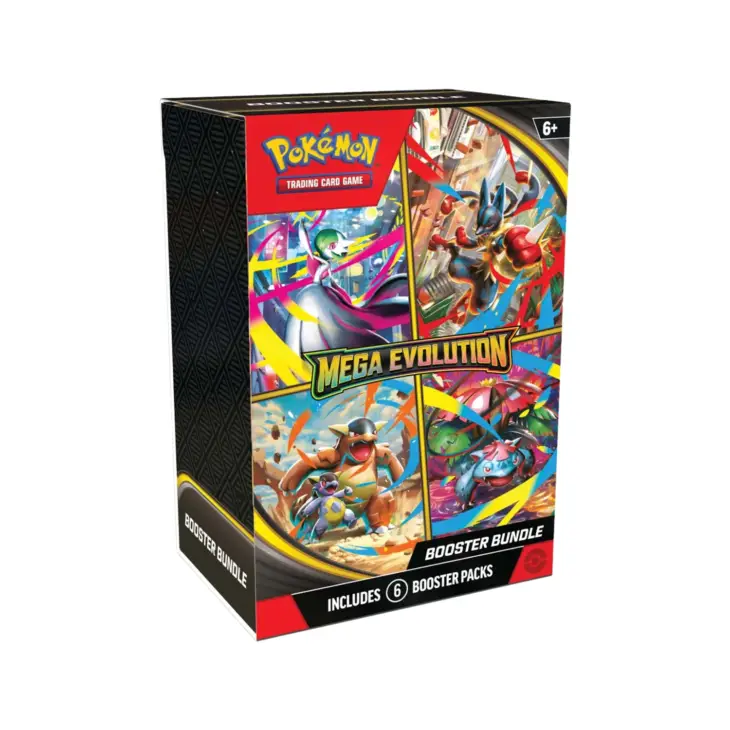 Pokemon TCG Mega Evolution Booster Bundle English packaging showing 6 booster packs with Mega Evolution artwork